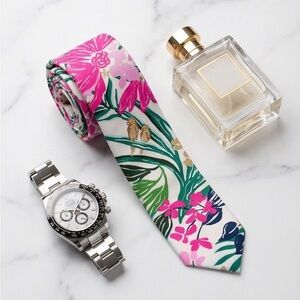 Floral Tropical Cotton Tie - Pink & Green